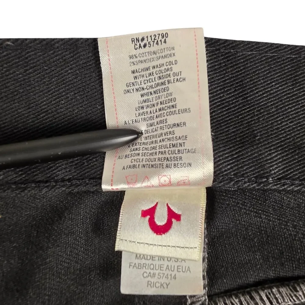 True Religion Ricky Super T Jeans 36x32 Wounded Fox Black Red Stitch USA